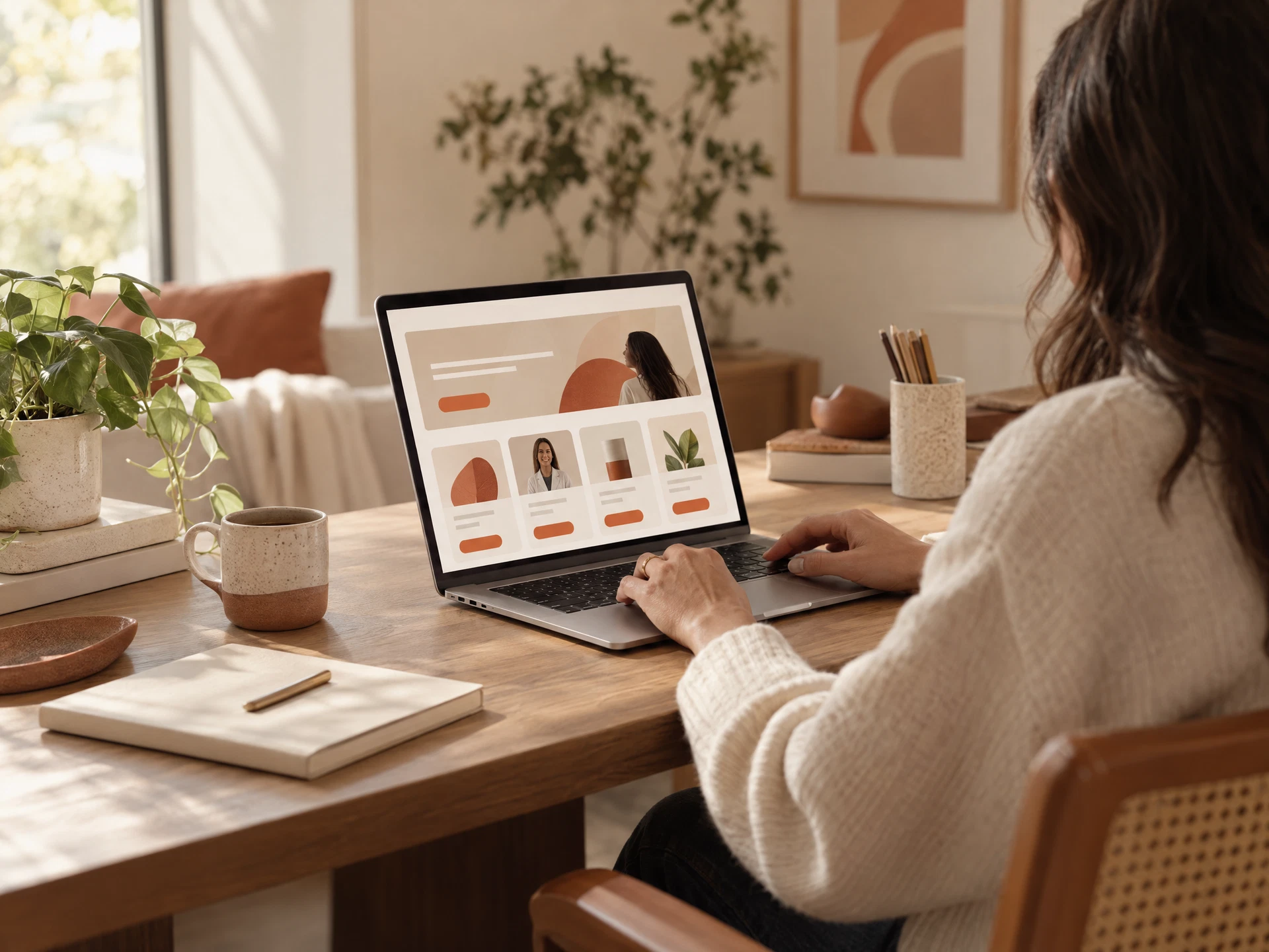 Hands browsing care options on a laptop